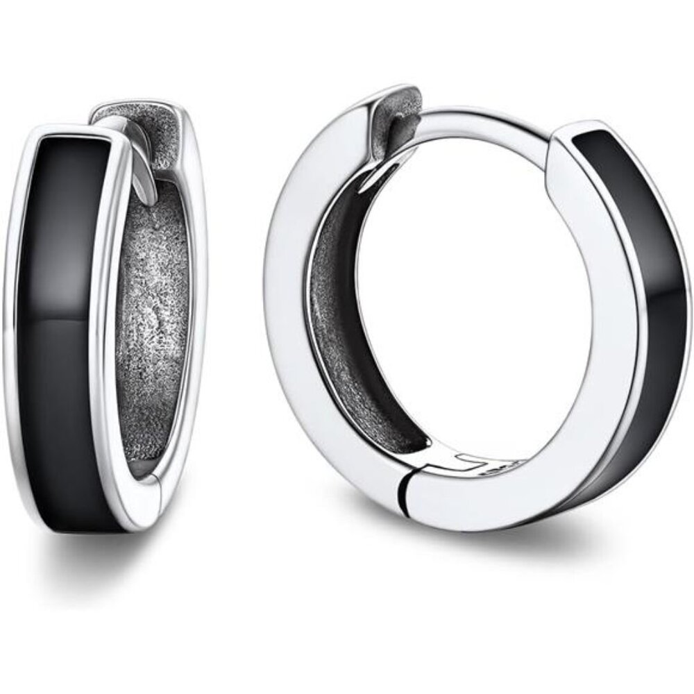 Black & 925 Sterling Silver Hoop Earrings | Small Earrings 10mm | Gift For Men
